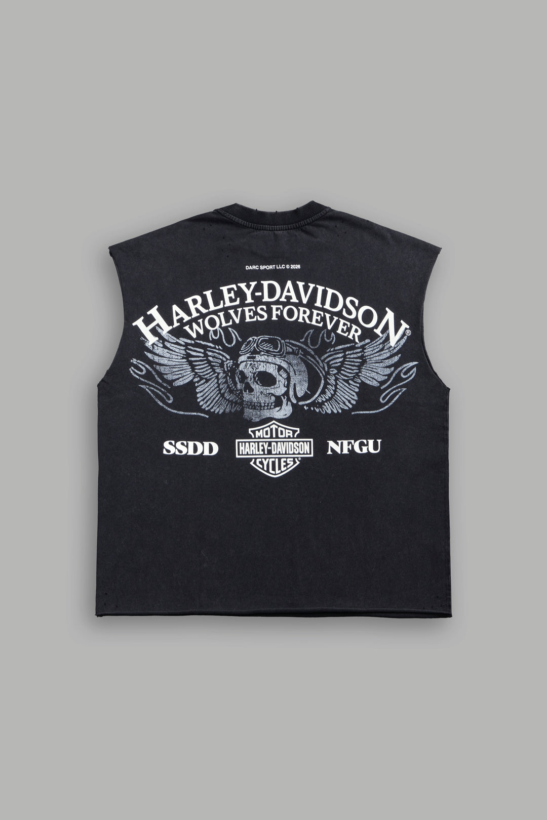 Live Free H-D Distressed Grunge Mid Length Raw Hem Muscle Tee in Washed Black