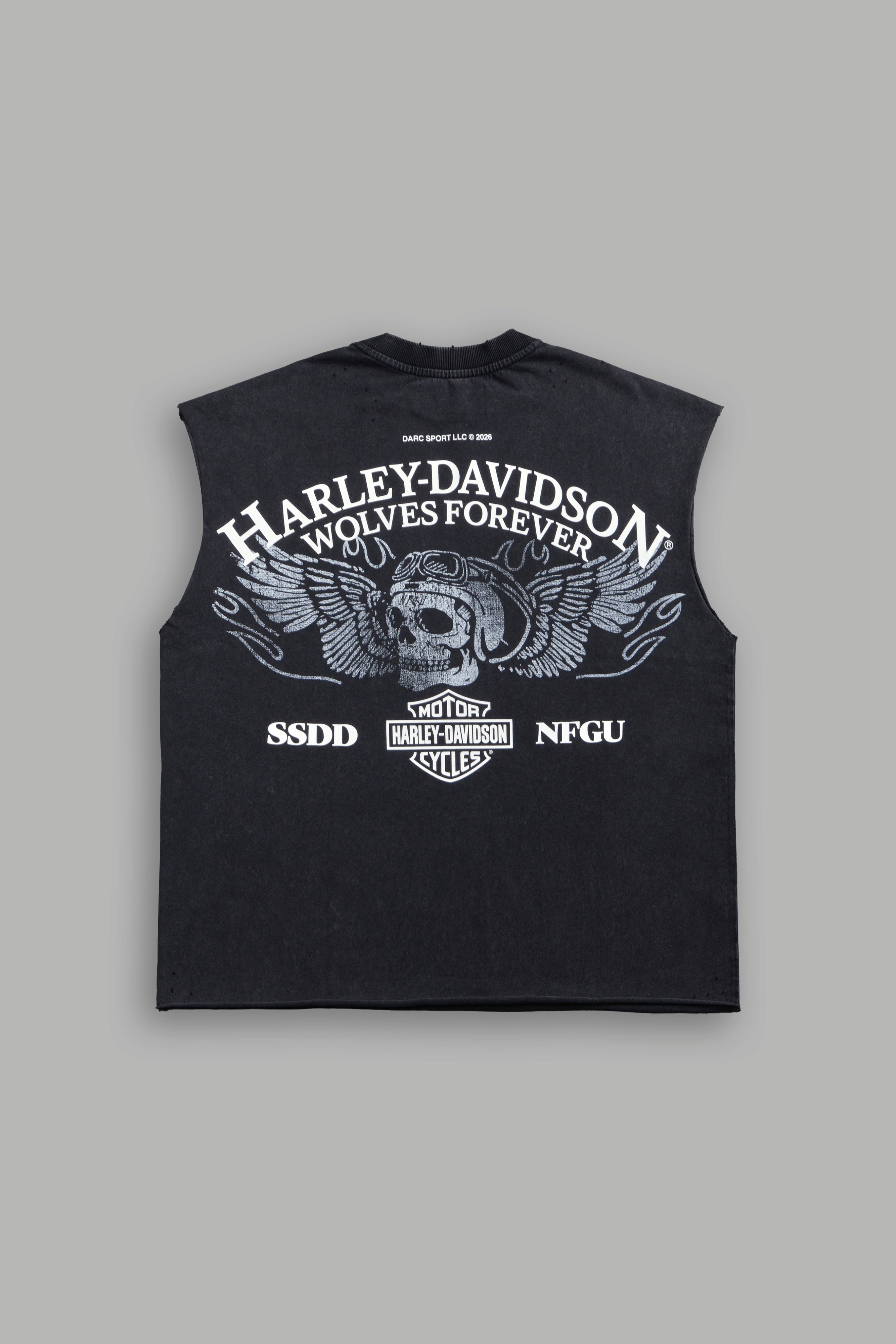 Live Free H-D Distressed Grunge Mid Length Raw Hem Muscle Tee in Washed Black