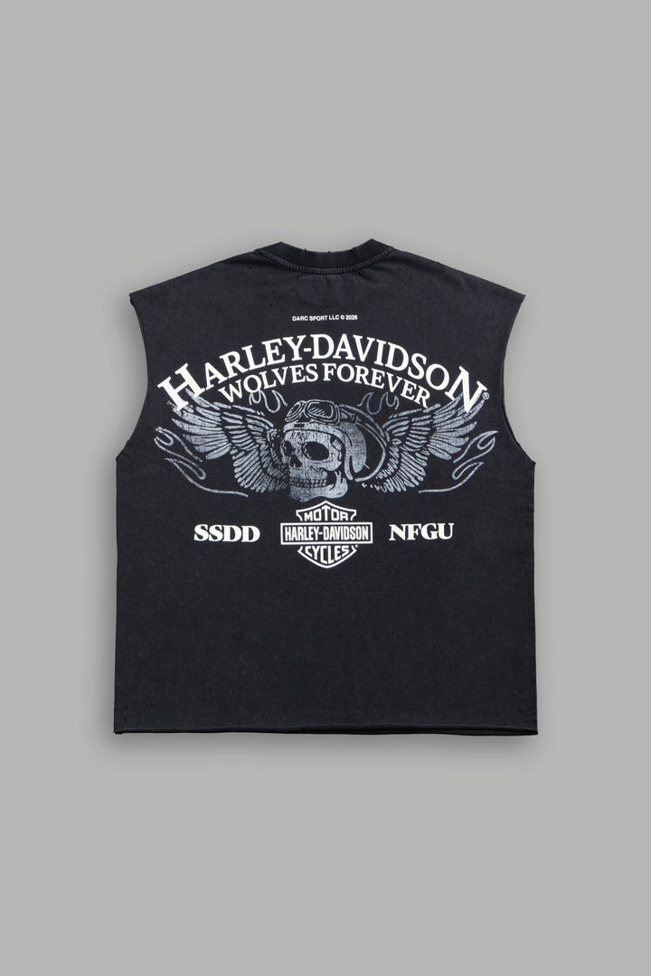 Live Free H-D Distressed Grunge Mid Length Raw Hem Muscle Tee in Washed Black