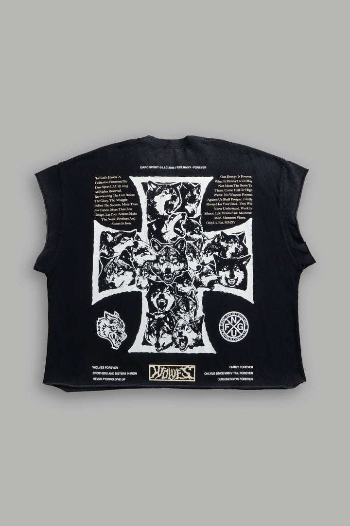 Iron Wolf Pack Grunge Cut-Off Tee in Black