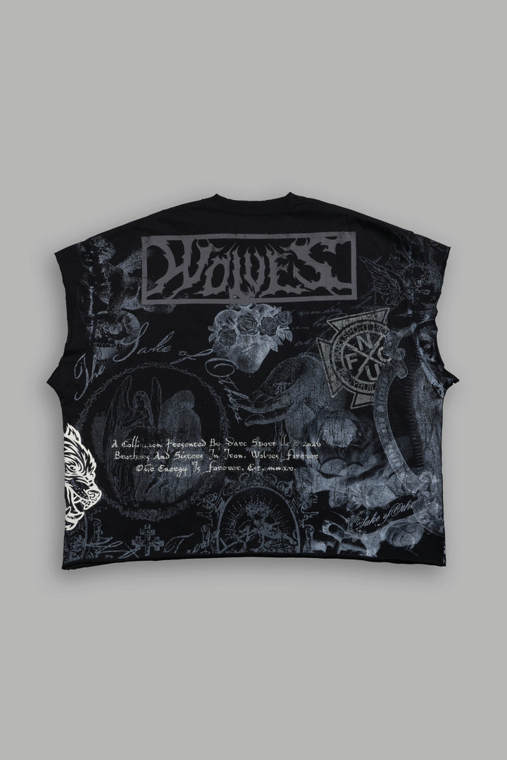 Heart of Thorns Distressed Grunge Cut-Off Mid-Length Raw Hem Tee in Black