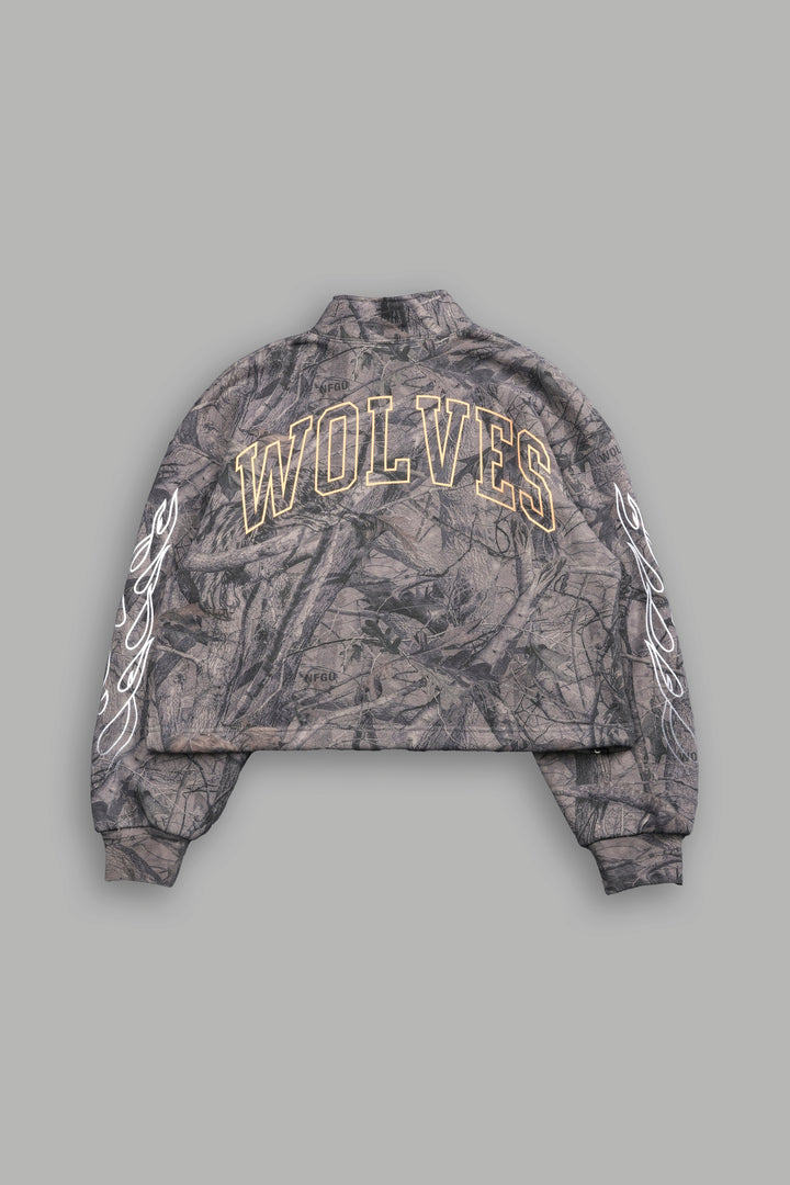 Live Fast V3 She Everson Mockneck Sweater in Driftwood Wolf Forest Camo