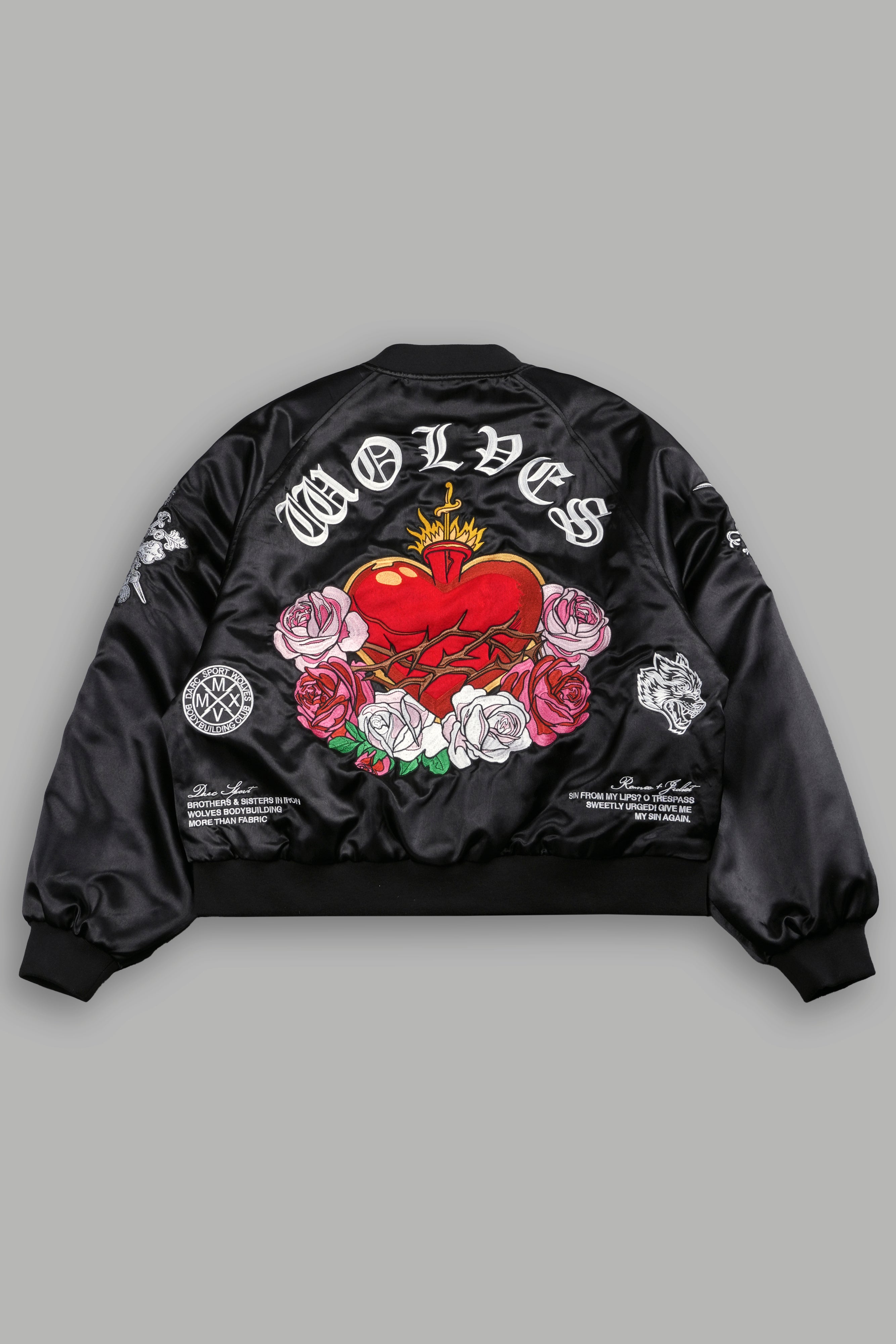 Last Love Unisex Cropped Satin Bomber Jacket in Black
