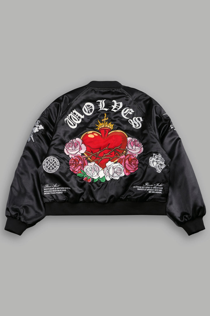 Last Love Unisex Cropped Satin Bomber Jacket in Black
