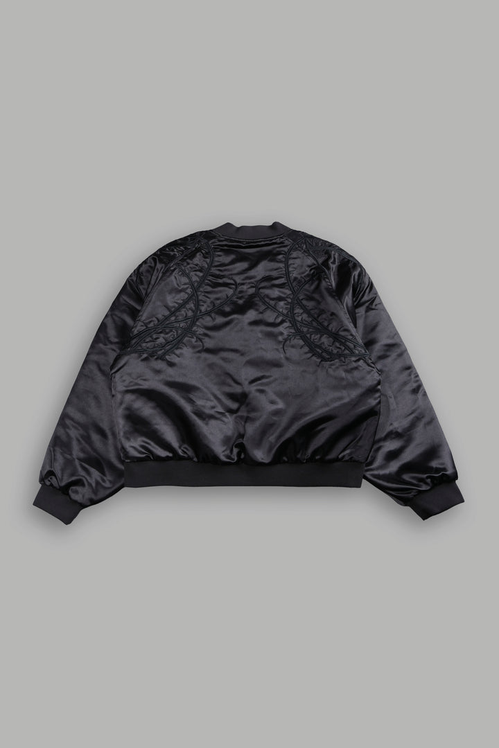 Thorns Frvr Cropped Satin Bomber Jacket In Black