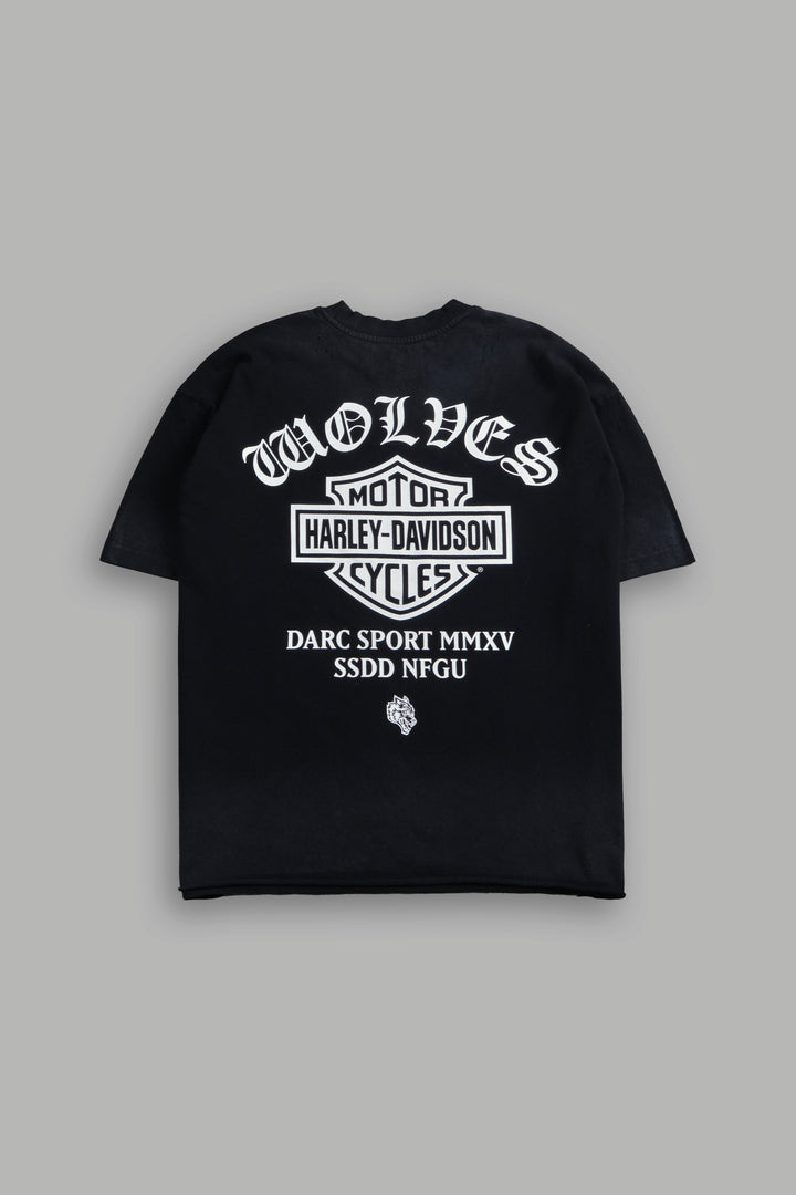 Harley-Davidson Wolves Distressed Grunge Mid-Length Raw Hem Tee in Black Drift Wash