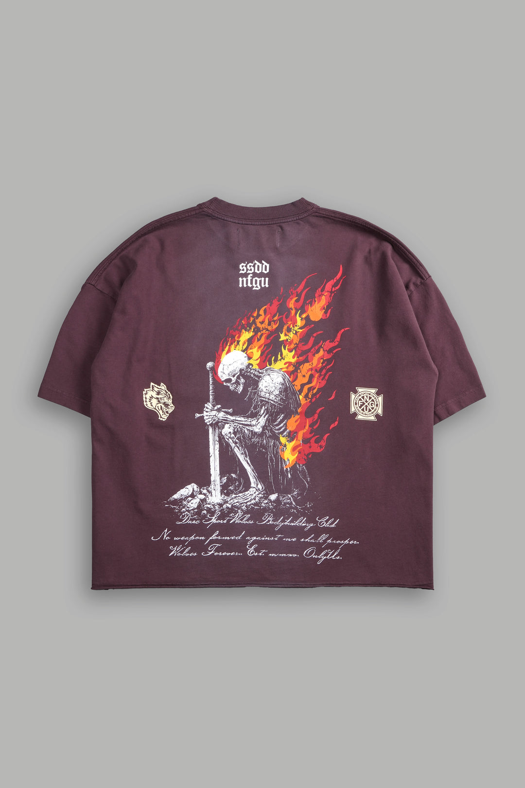Sacred Fire Grunge Raw Hem "Box Cut" Tee in Darc Purple Spine Sun Fade