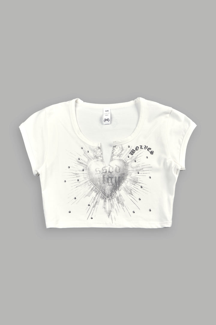 Holy Heart Josie Crop Baby Tee In Cream