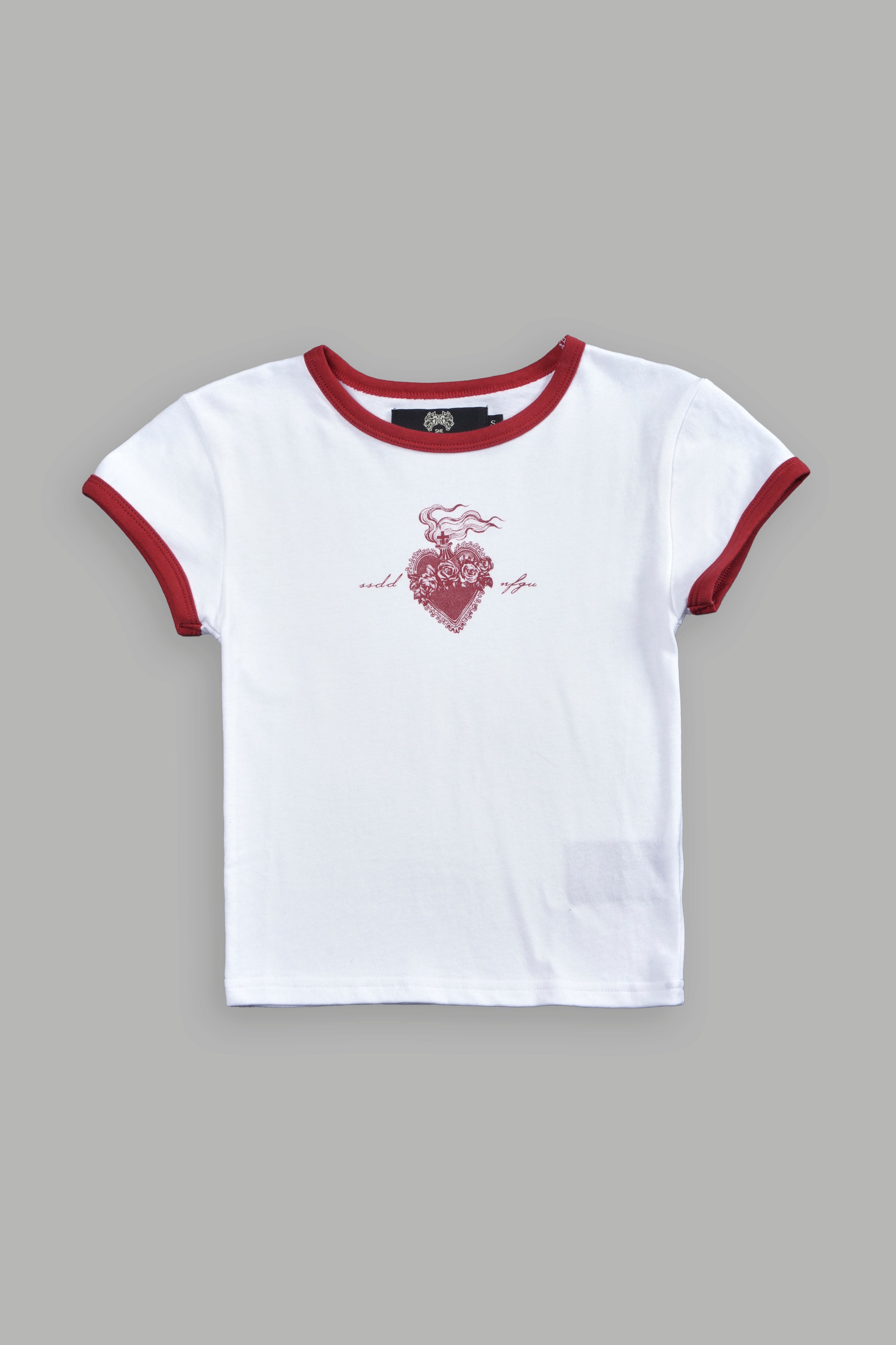 Sacred Flame Ringer "Baby" Tee in White/Roman Red
