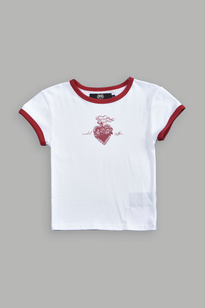 Sacred Flame Ringer "Baby" Tee in White/Roman Red