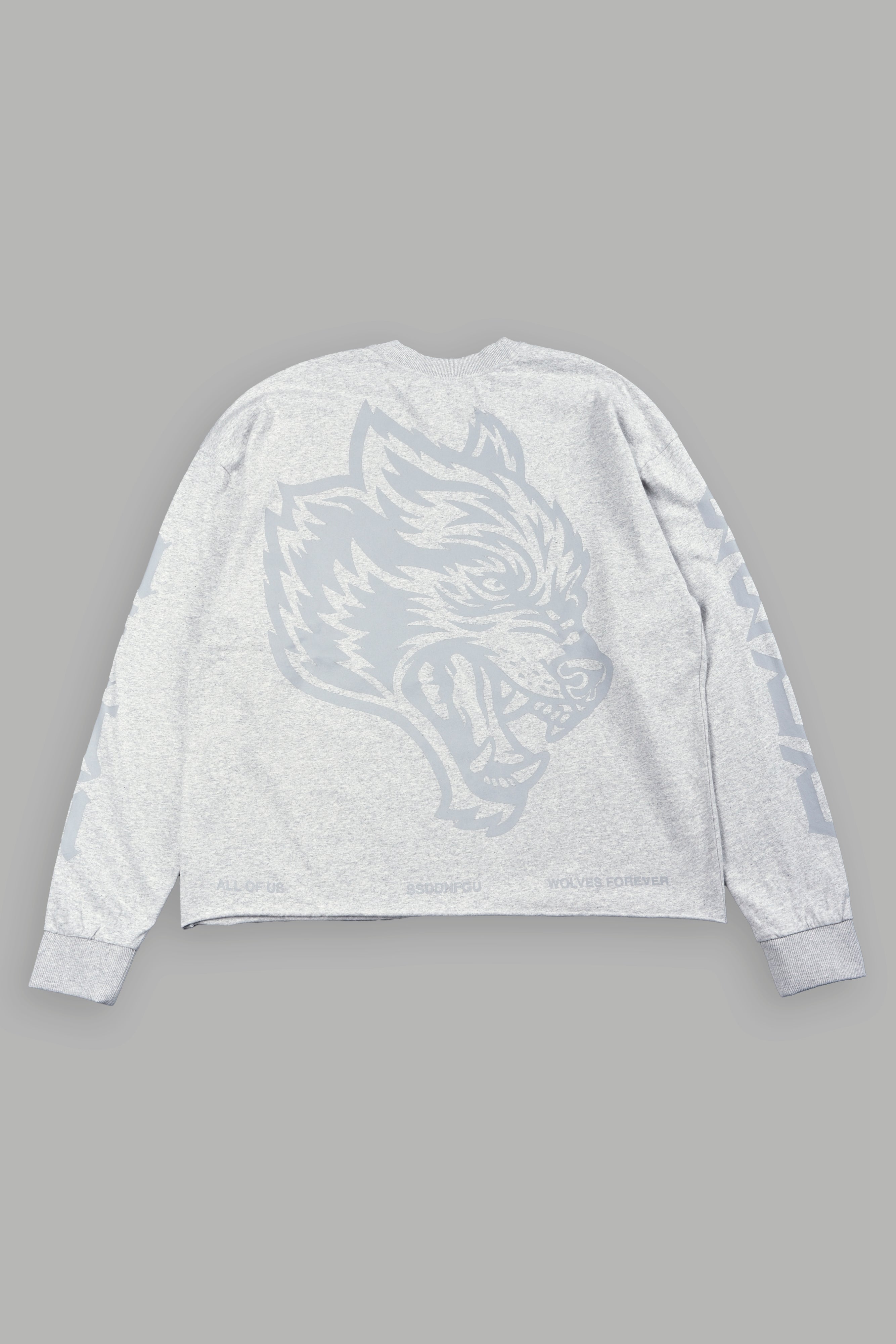 Big Wolf Head Grunge Mid Length Raw Hem Ls Tee In Light Athletic