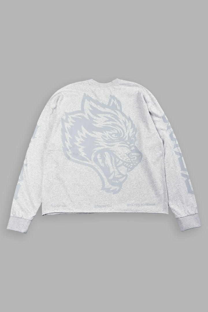 Big Wolf Head Grunge Mid Length Raw Hem Ls Tee In Light Athletic Gray