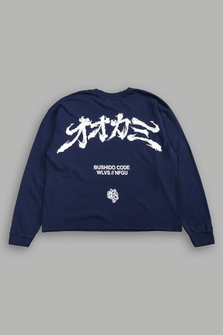 Okami Bushido Grunge Mid Length Raw Hem Ls Tee in Navy