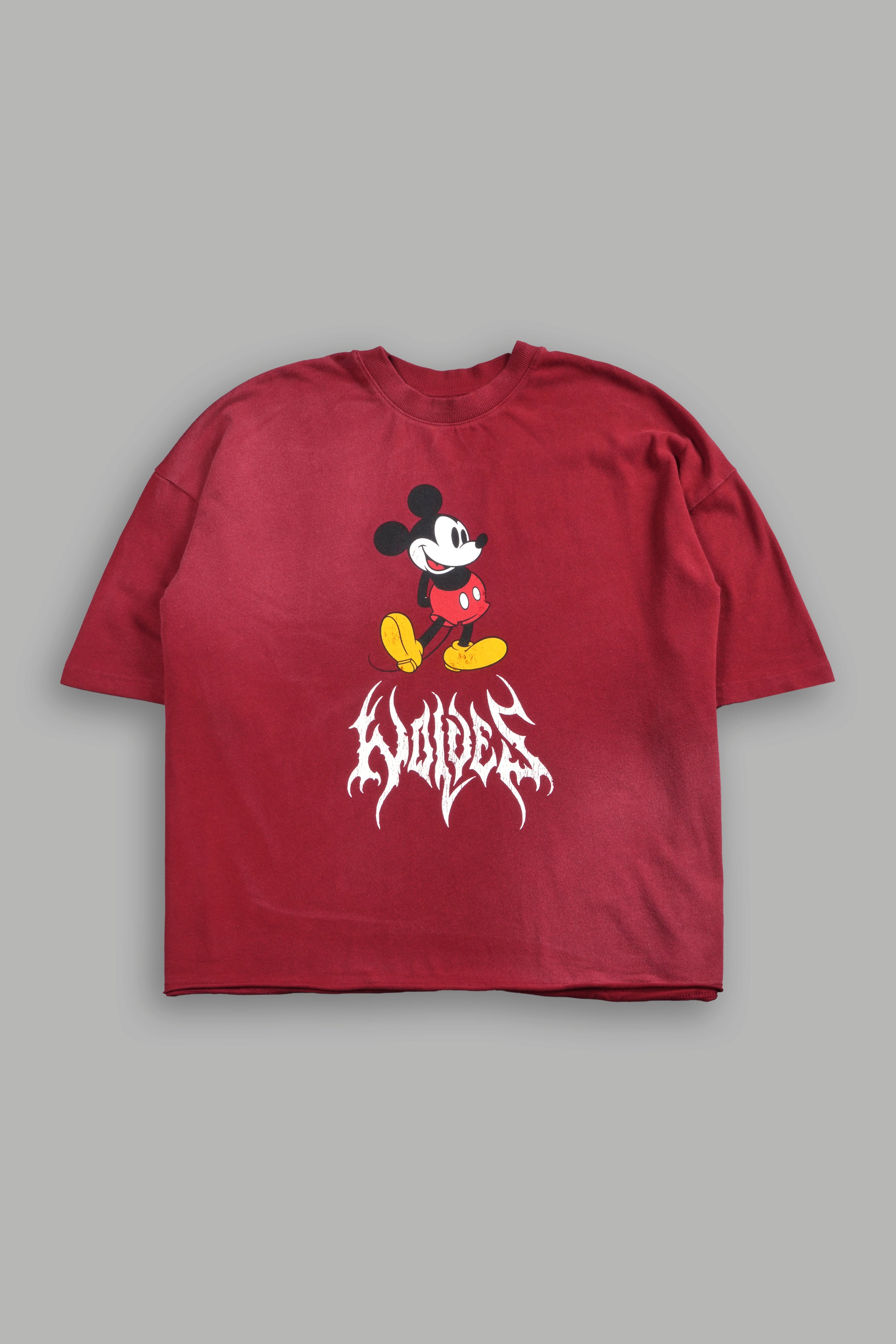 Mickey Mouse Hesh Premium Raw Hem Box Cut Tee in Carmine Red Sun Fade