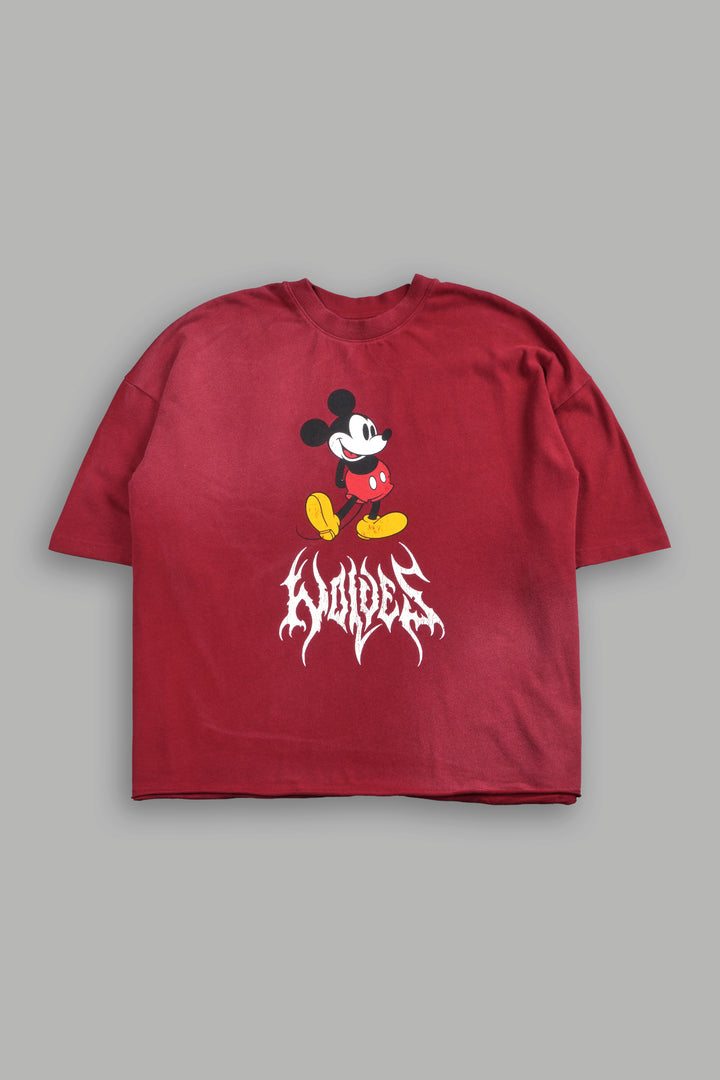 Mickey Mouse Hesh Premium Raw Hem Box Cut Tee in Carmine Red Sun Fade