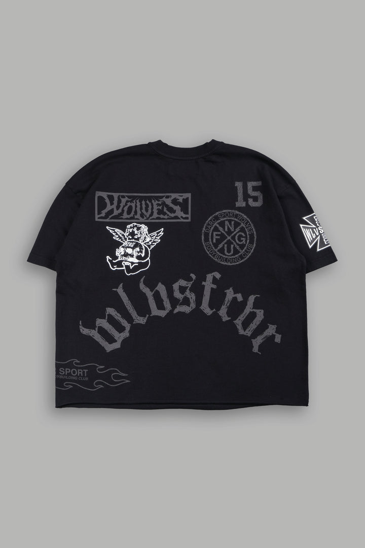 Flash Core Grunge Mid Length Raw Hem Tee In Black