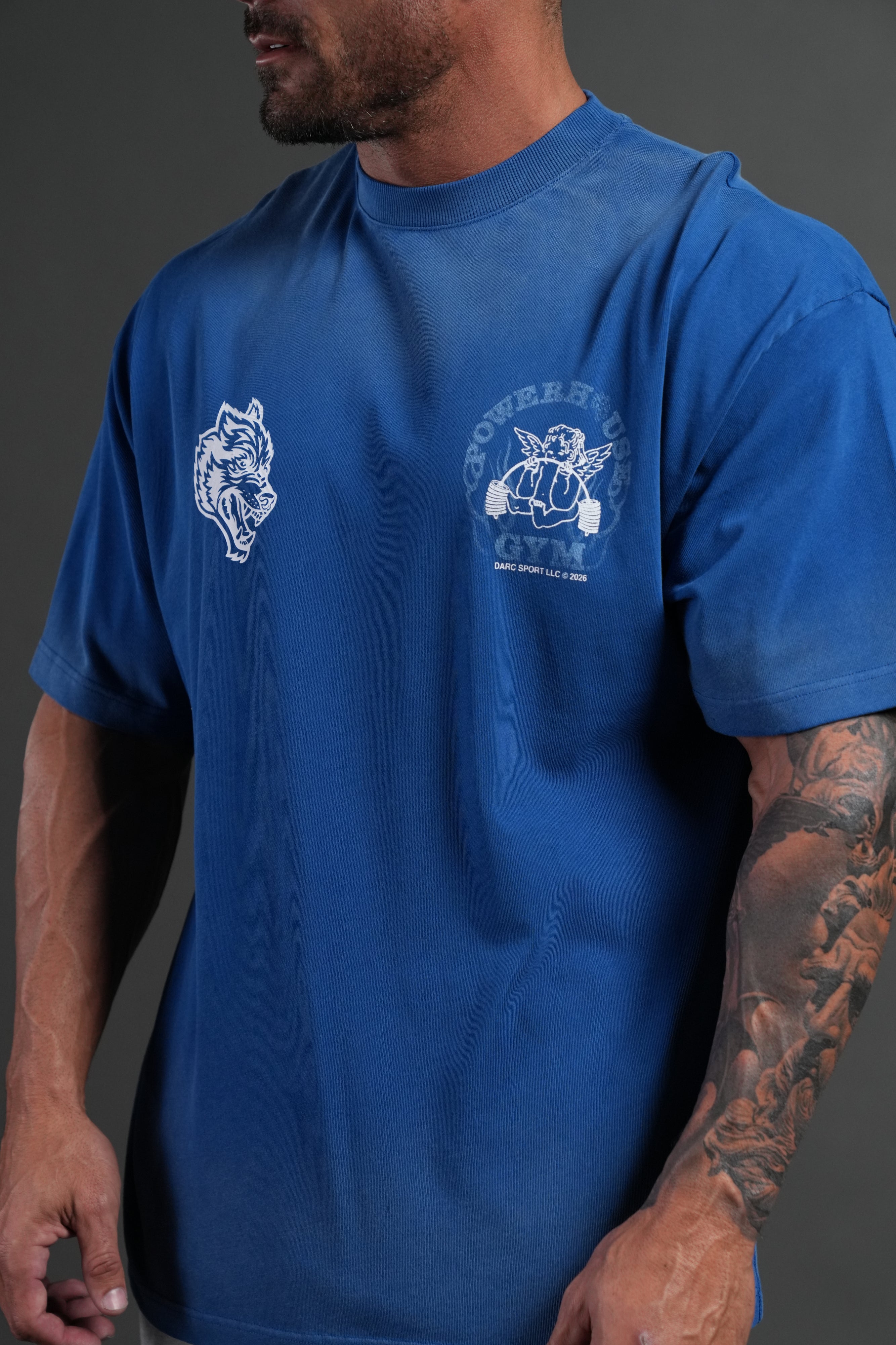 Powerhouse of the Cherub Unisex Premium Oversized Tee in Darc Cobalt Drift Wash