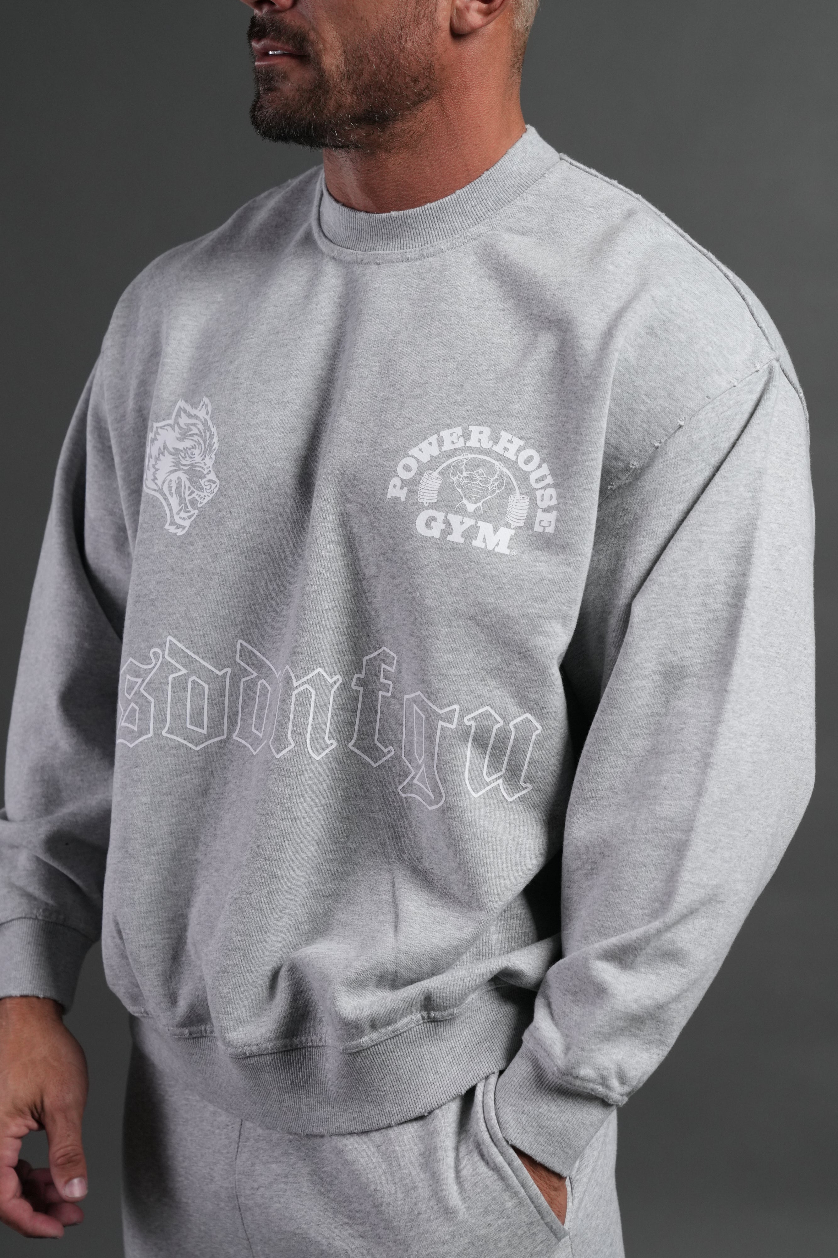 Powerhouse Moth Destroyed Oversized London Crewneck in Light Athletic Gray