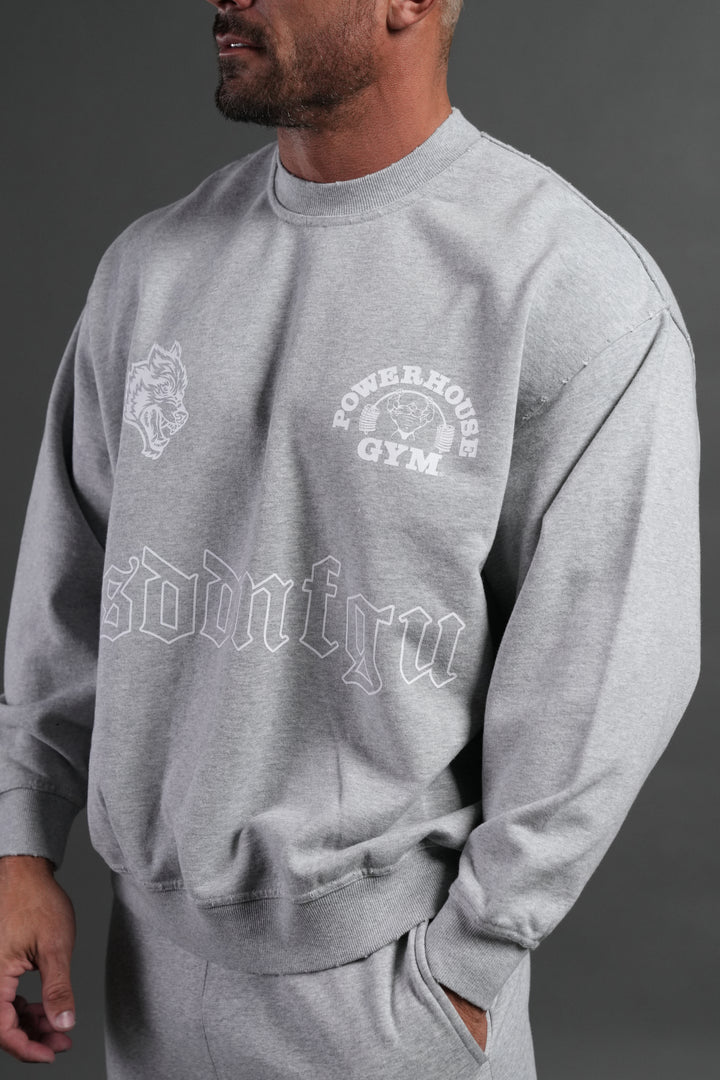 Powerhouse Moth Destroyed Oversized London Crewneck in Light Athletic Gray