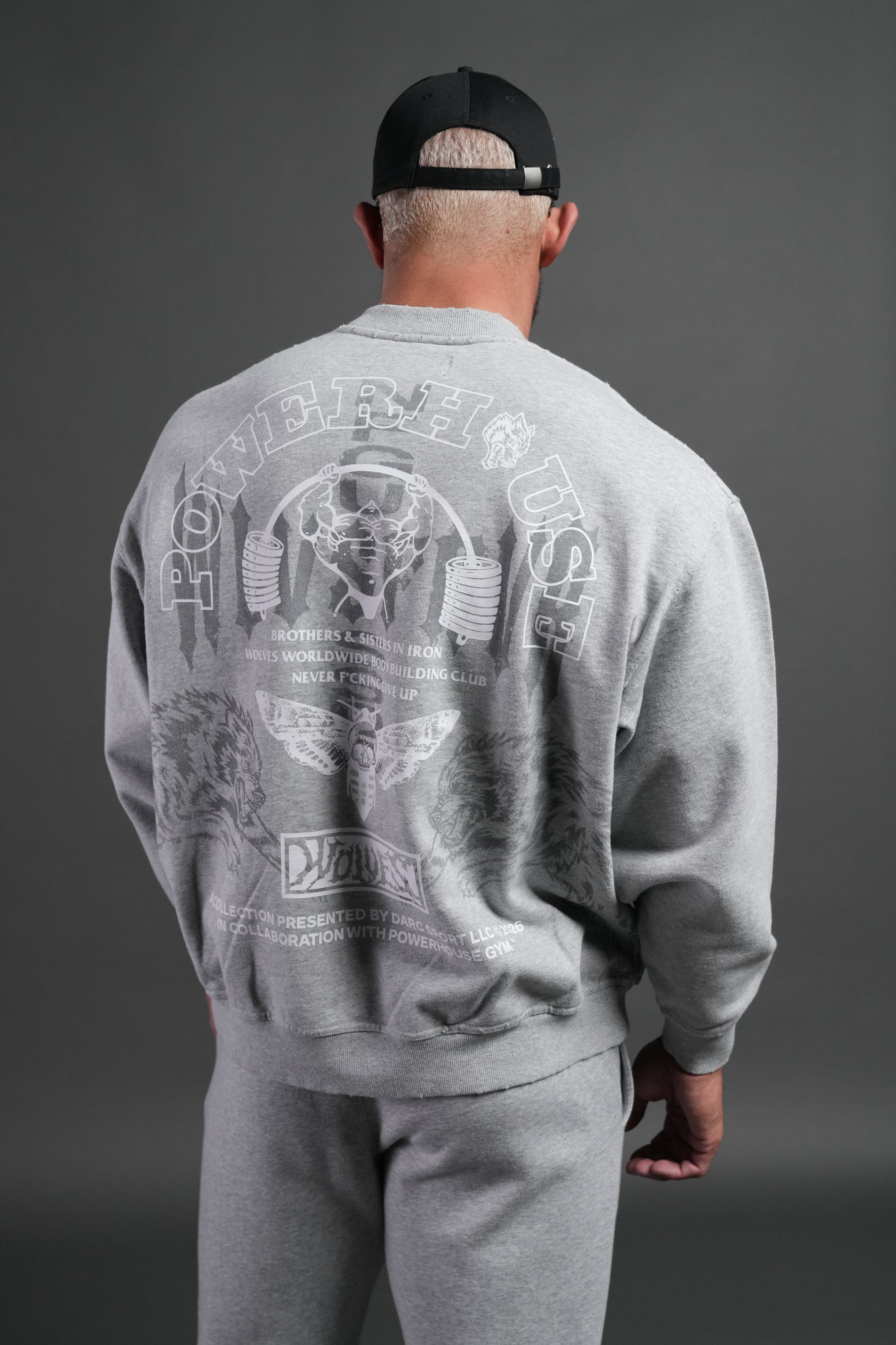 Powerhouse Moth Destroyed Oversized London Crewneck in Light Athletic Gray