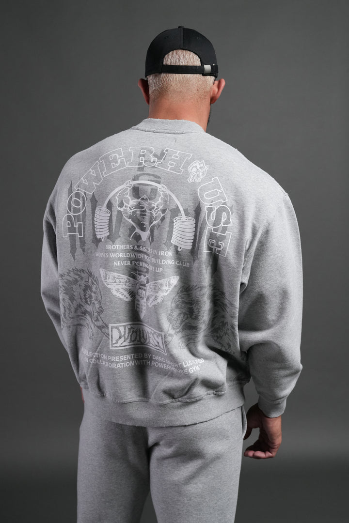 Powerhouse Moth Destroyed Oversized London Crewneck in Light Athletic Gray