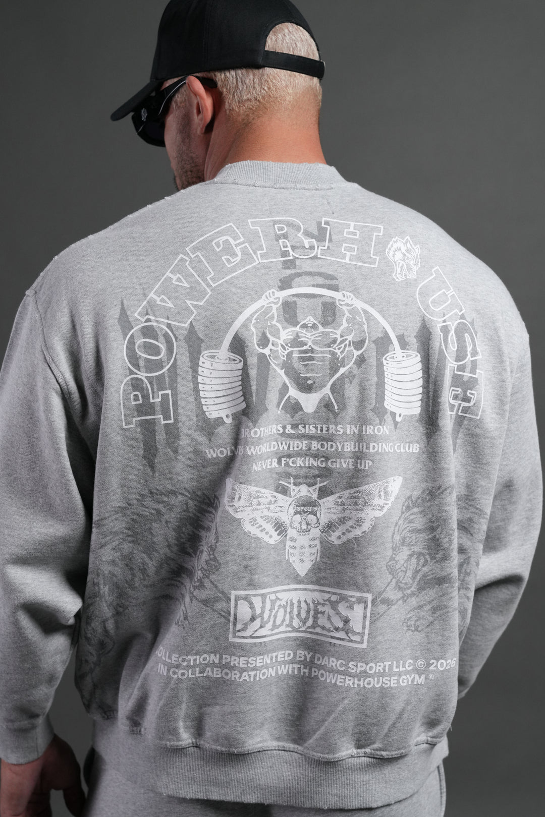 Powerhouse Moth Destroyed Oversized London Crewneck in Light Athletic Gray