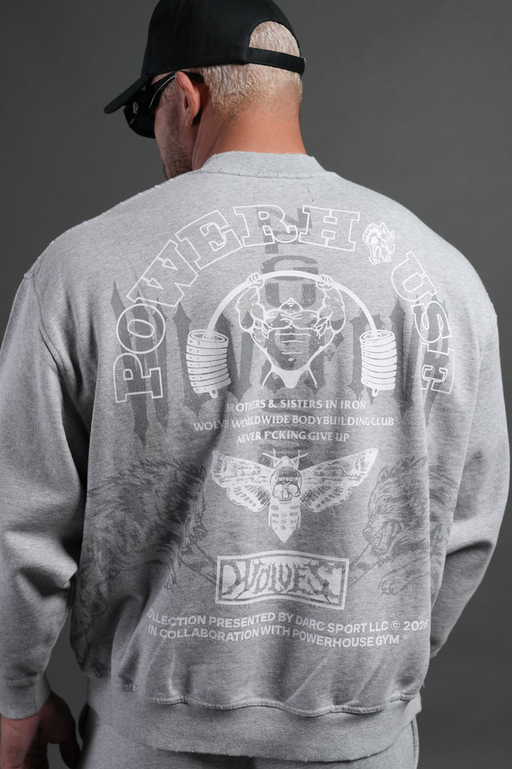 Powerhouse Moth Destroyed Oversized London Crewneck in Light Athletic Gray