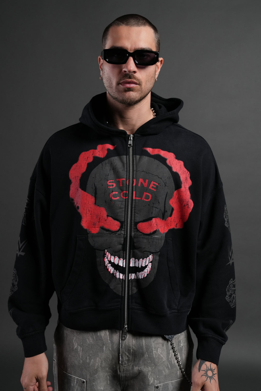 Stone Cold Forever Vex Double Zip Hoodie in Black Drift Wash