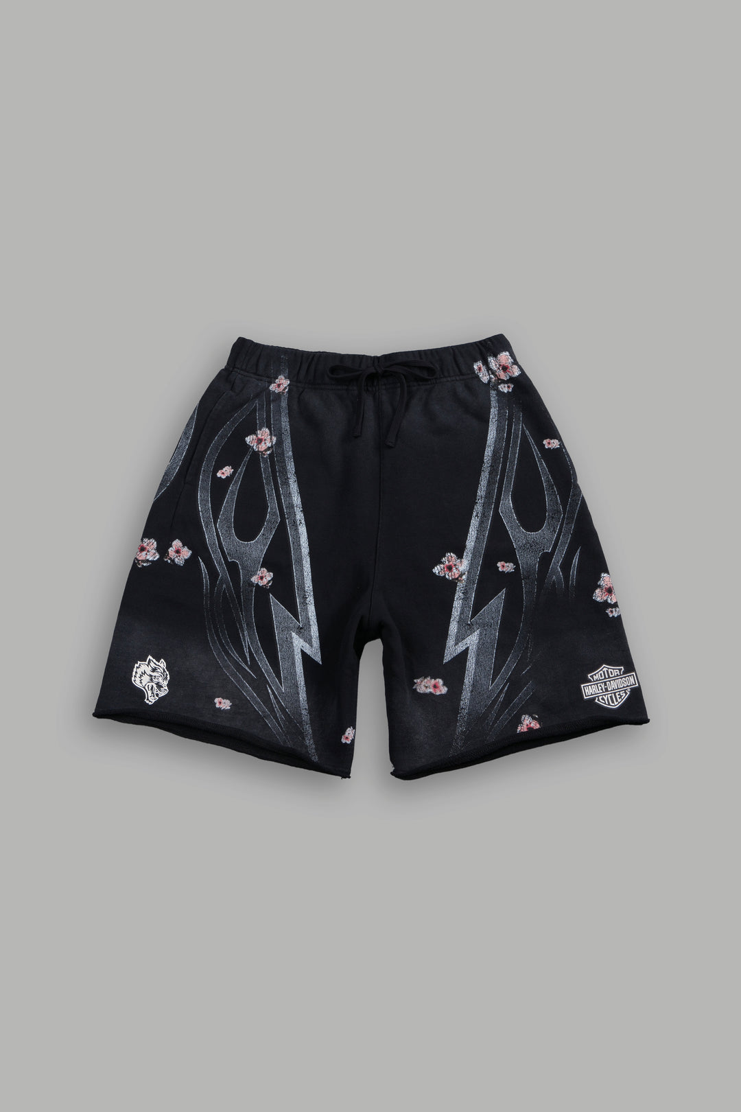 Iron Sakura Grunge Oversized Raw Hem Post Lounge Sweat Shorts in Black Drift Wash