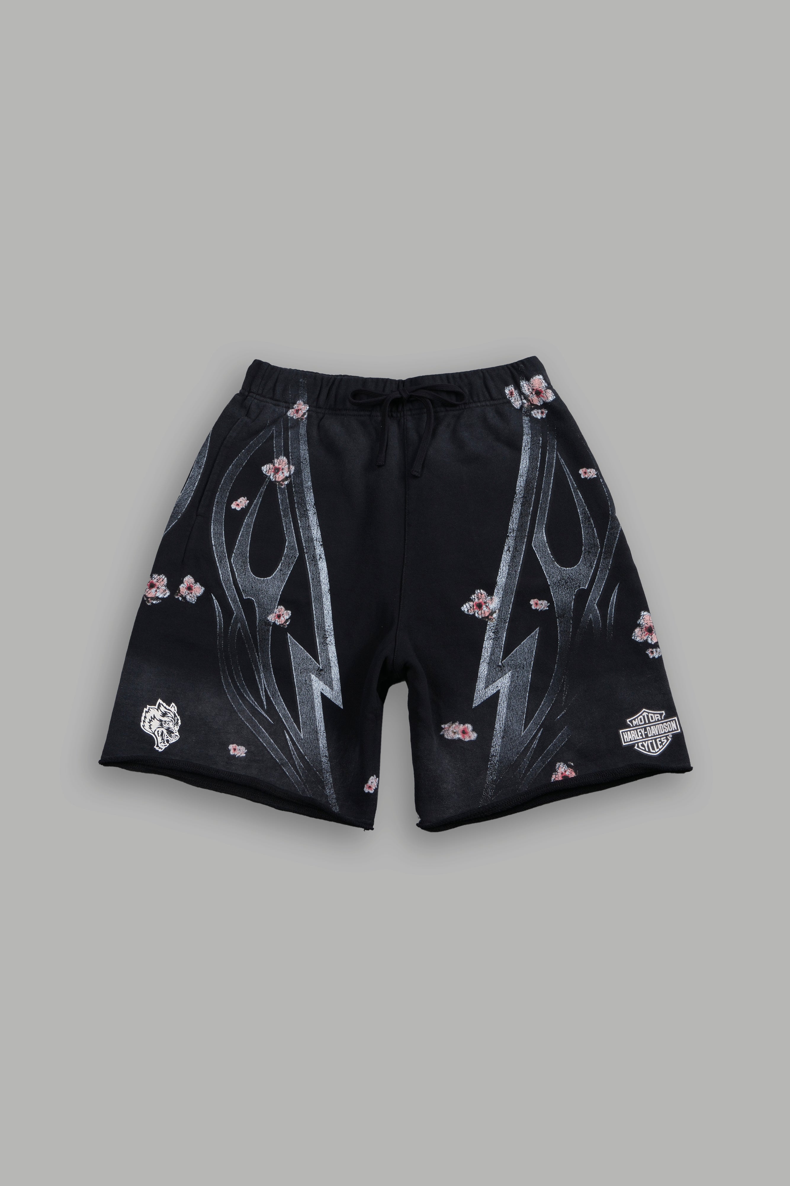 Iron Sakura Grunge Oversized Raw Hem Post Lounge Sweat Shorts in Black Drift Wash