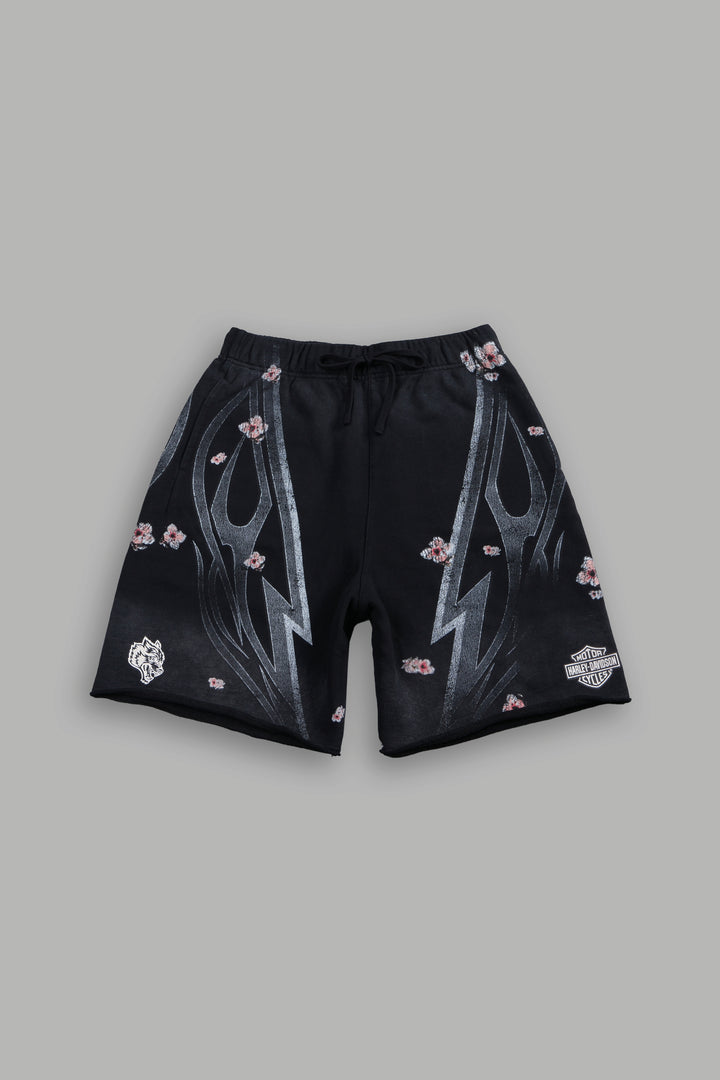 Iron Sakura Grunge Oversized Raw Hem Post Lounge Sweat Shorts in Black Drift Wash