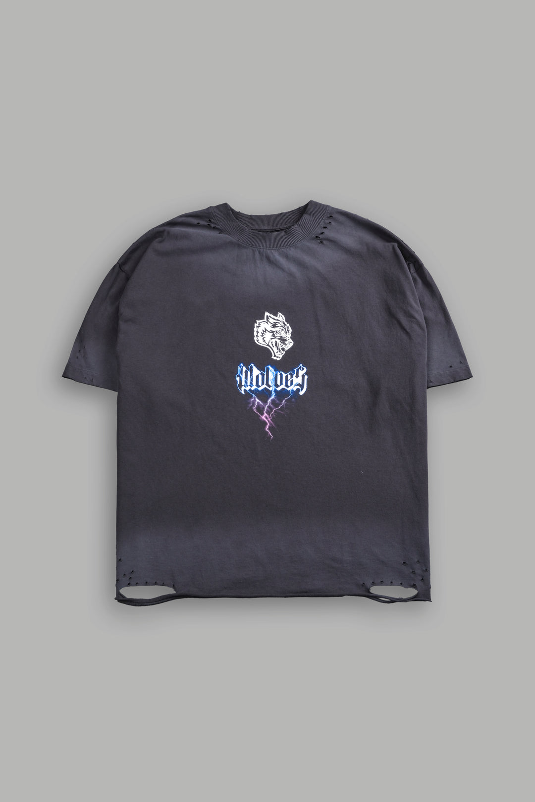 Wolves Lightning Distressed Grunge Tee in Wolf Gray Drift Wash