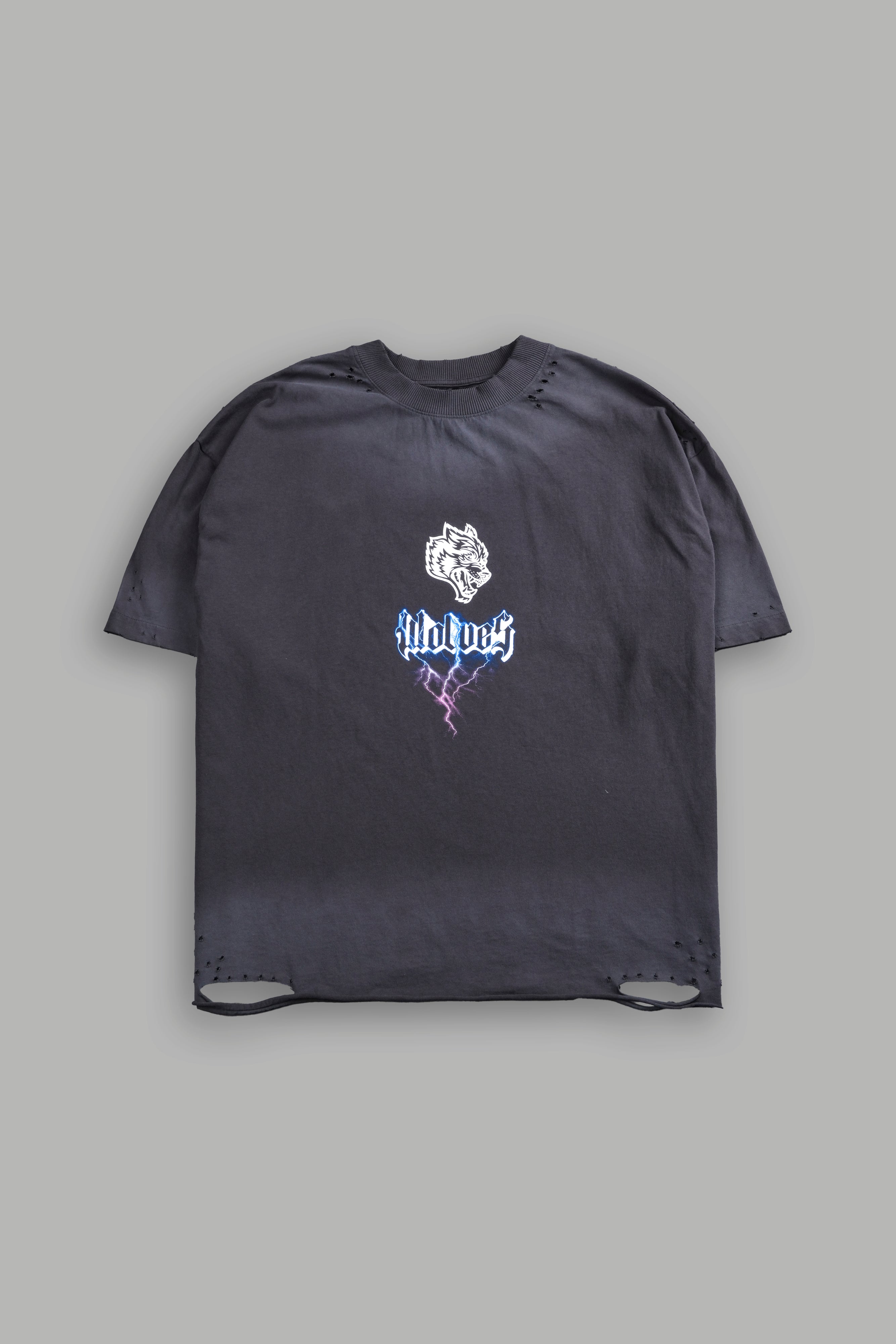 Wolves Lightning Distressed Grunge Tee in Wolf Gray Drift Wash
