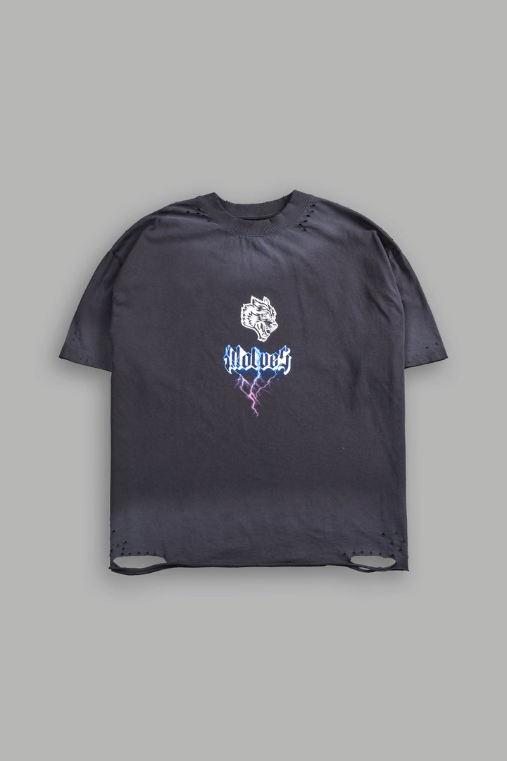Wolves Lightning Distressed Grunge Tee in Wolf Gray Drift Wash