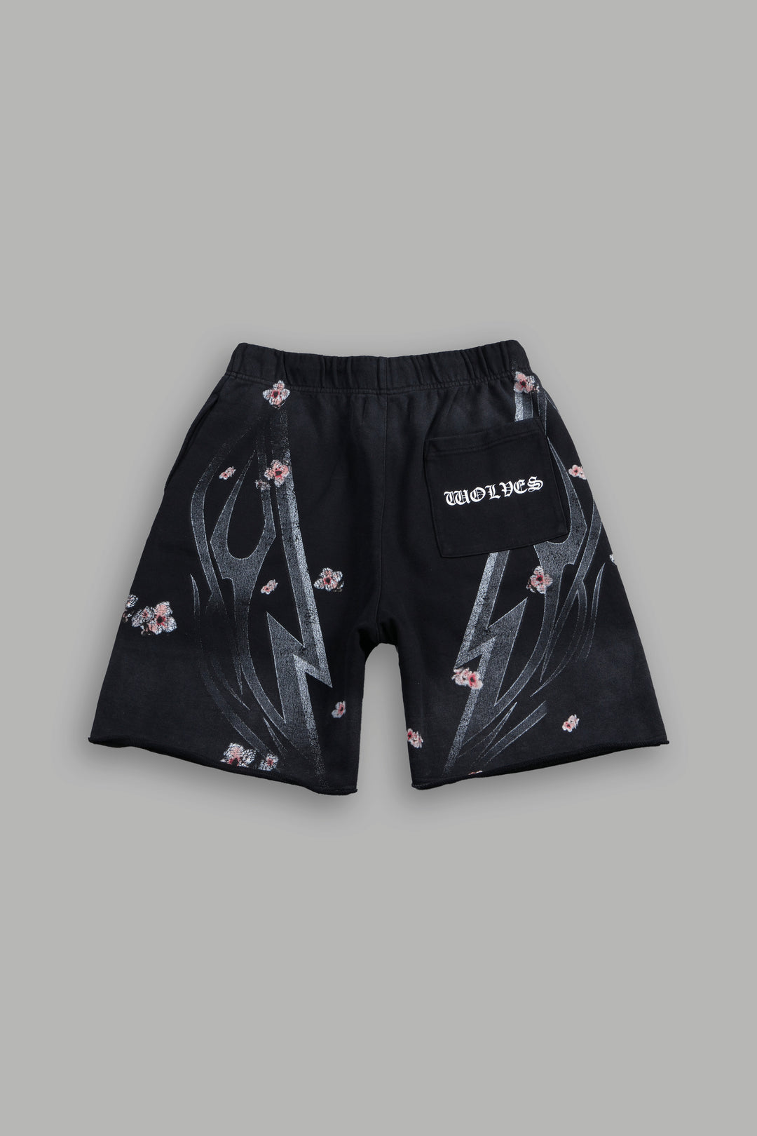 Iron Sakura Grunge Oversized Raw Hem Post Lounge Sweat Shorts in Black Drift Wash