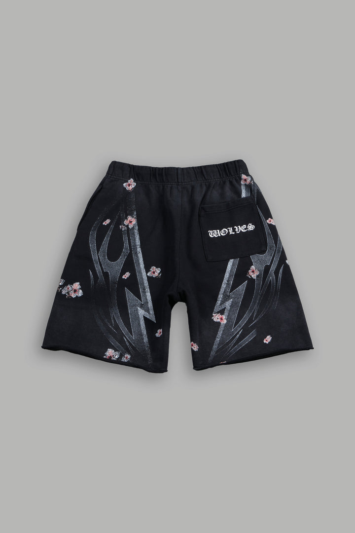 Iron Sakura Grunge Oversized Raw Hem Post Lounge Sweat Shorts in Black Drift Wash