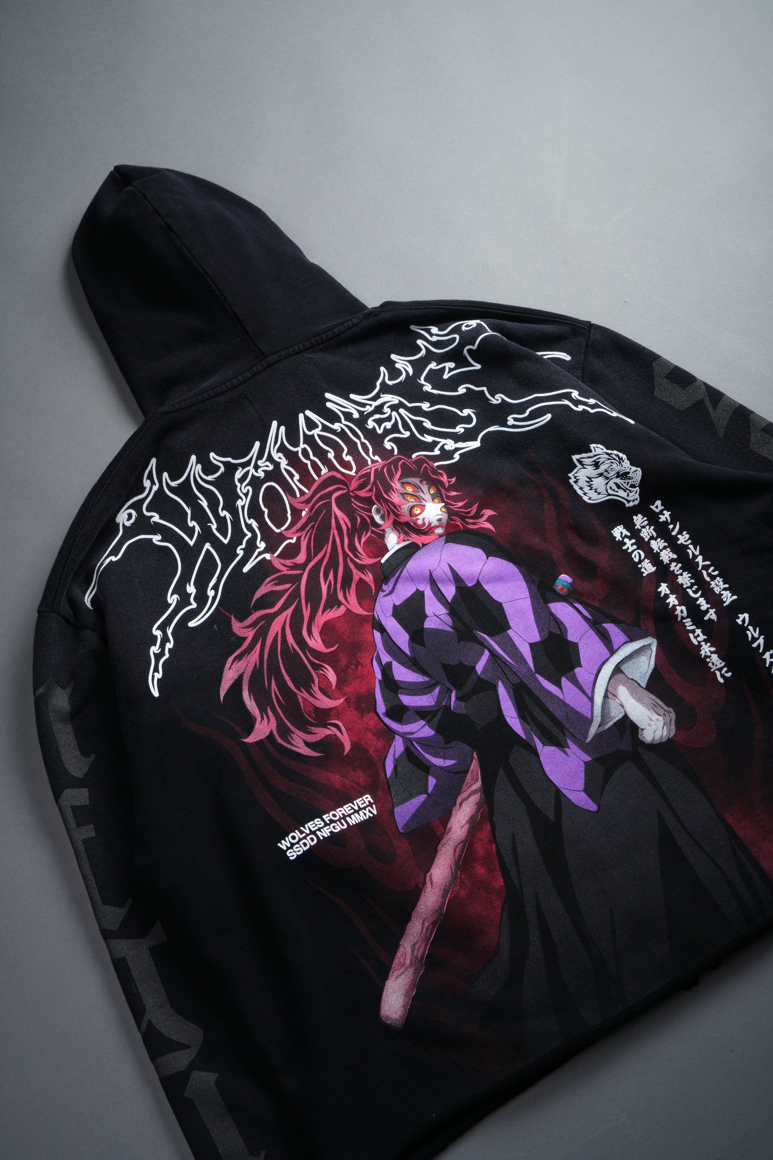 Blood Moon Distressed Grunge Mid Length Raw Hem Zip Hoodie in Black Sun Fade