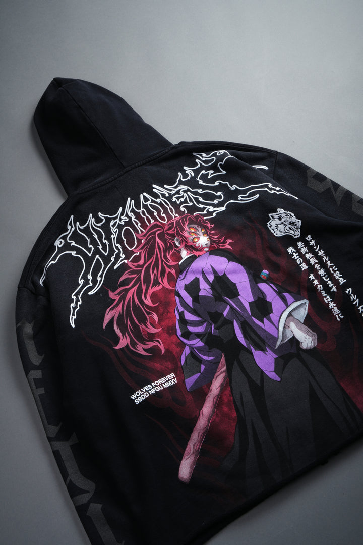 Blood Moon Distressed Grunge Mid Length Raw Hem Zip Hoodie in Black Sun Fade