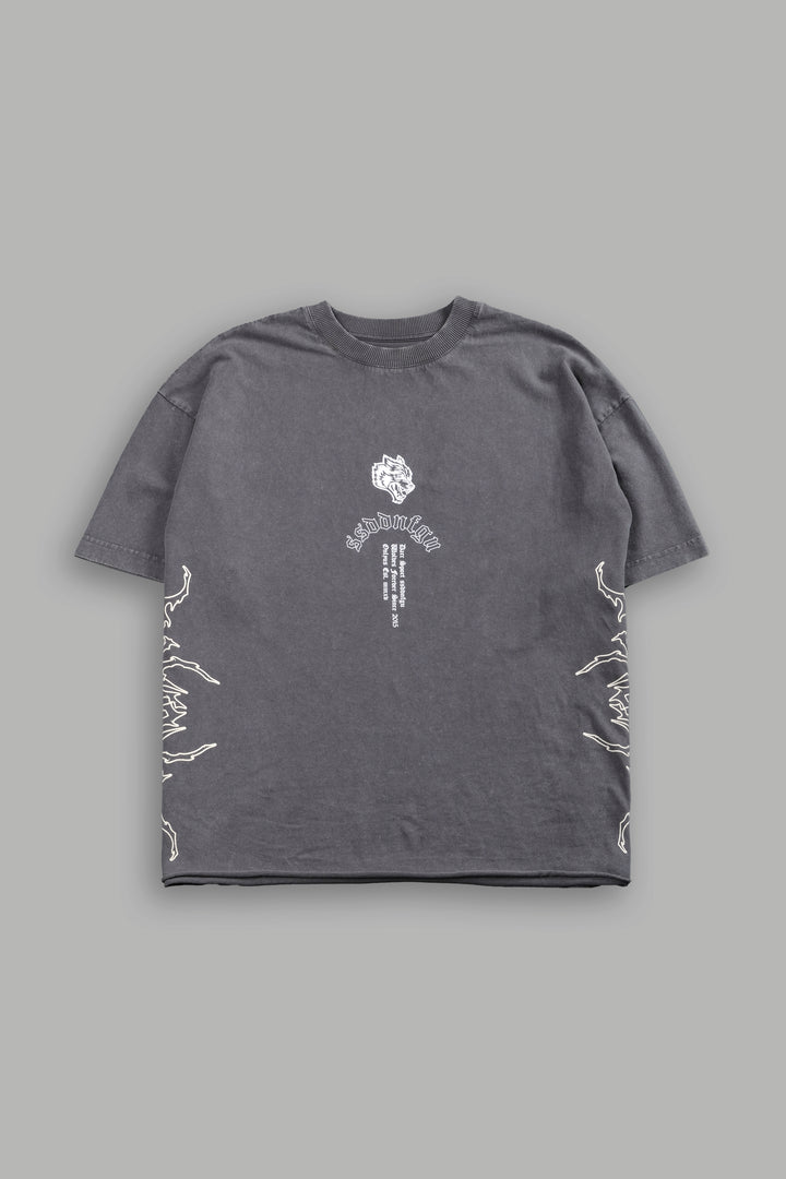 Reaper Tour Grunge Mid Length Raw Hem Tee in Slate Gray