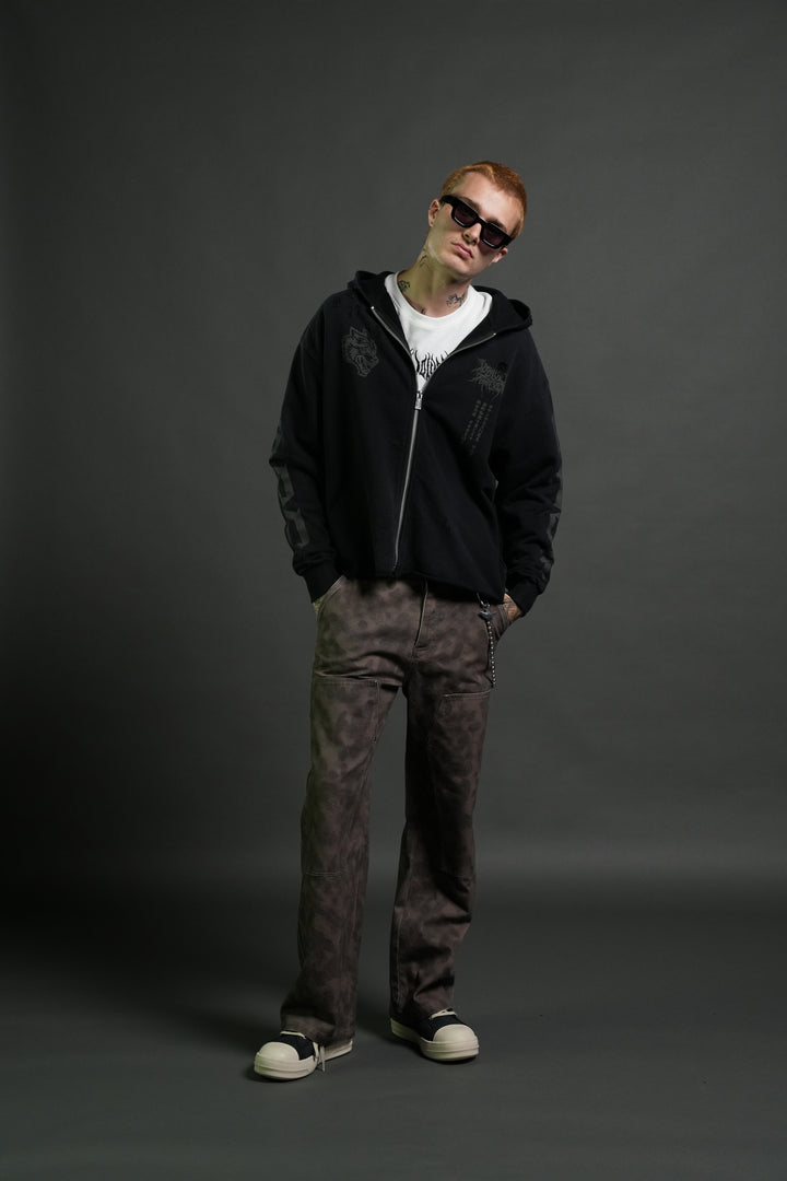 Blood Moon Distressed Grunge Mid Length Raw Hem Zip Hoodie in Black Sun Fade