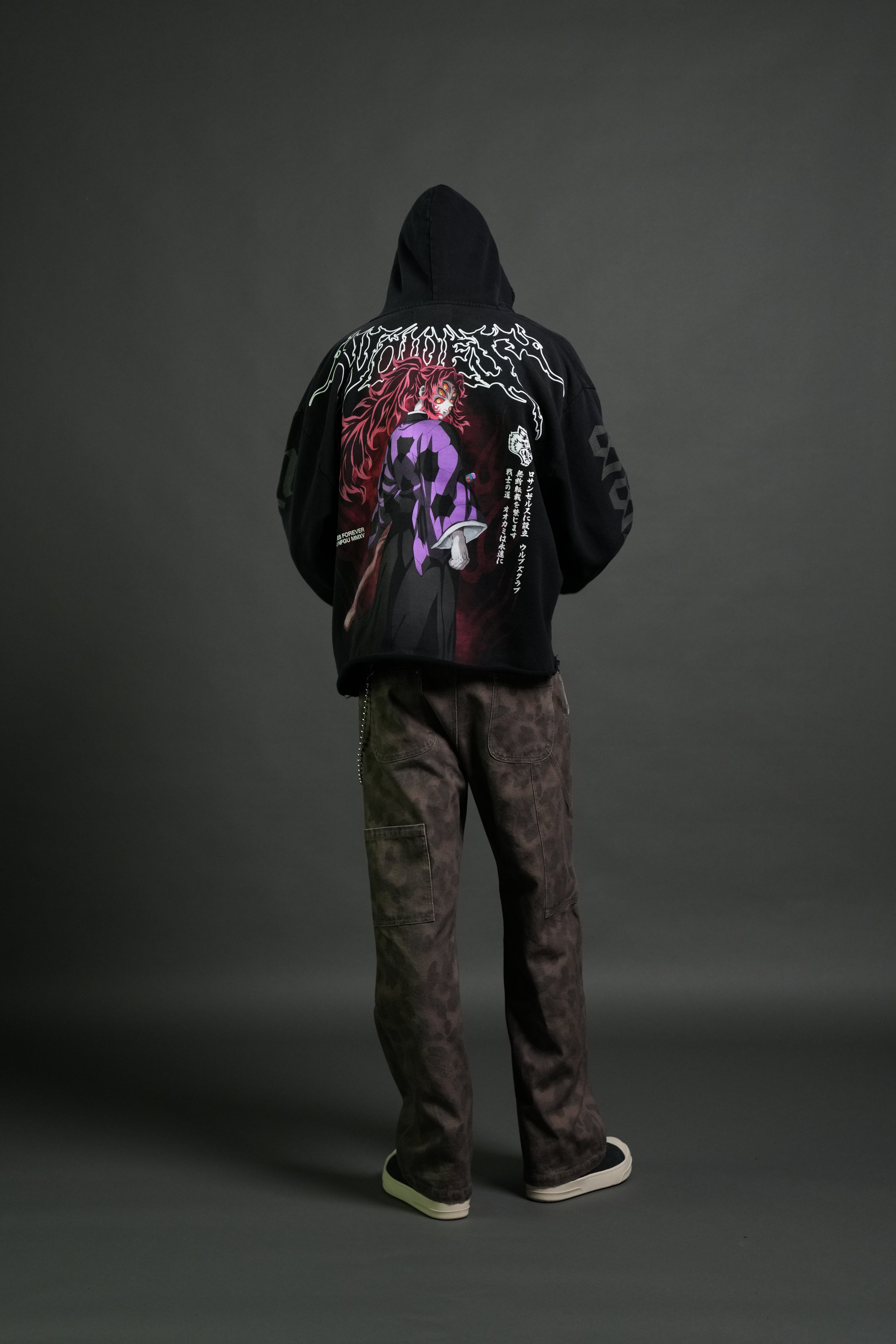 Blood Moon Distressed Grunge Mid Length Raw Hem Zip Hoodie in Black Sun Fade