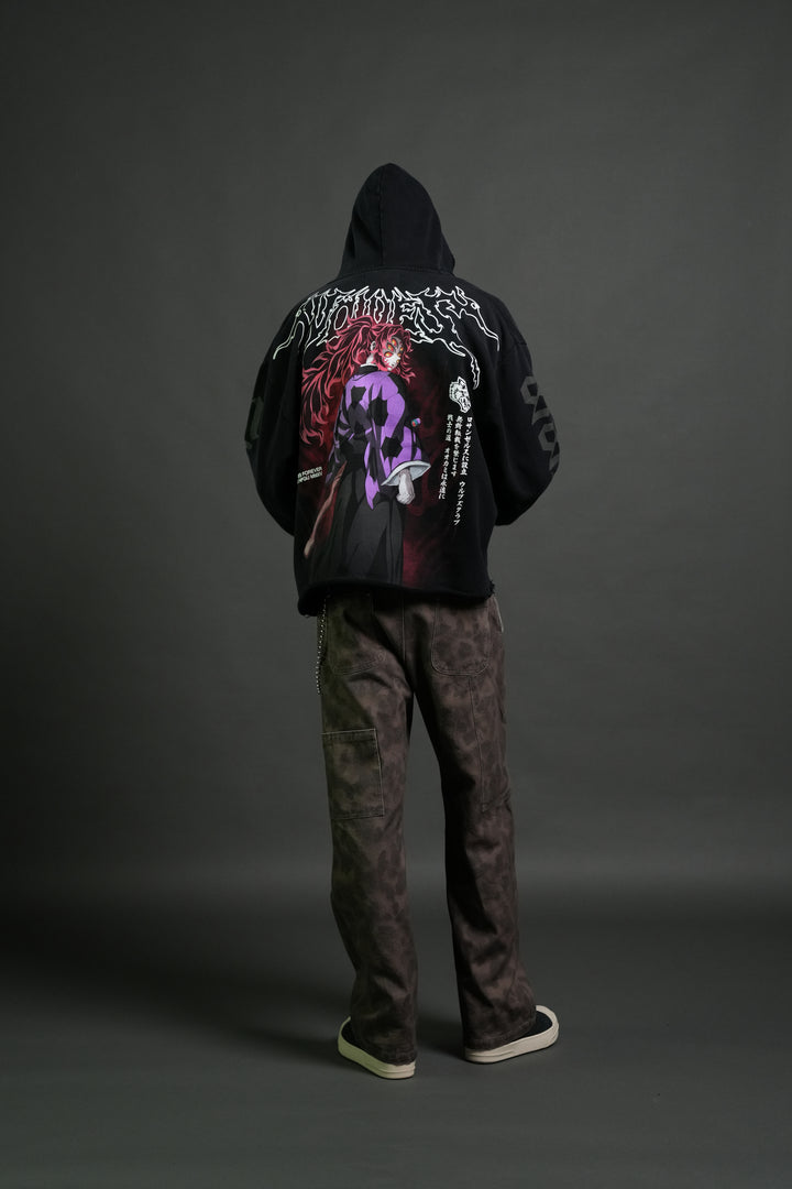 Blood Moon Distressed Grunge Mid Length Raw Hem Zip Hoodie in Black Sun Fade