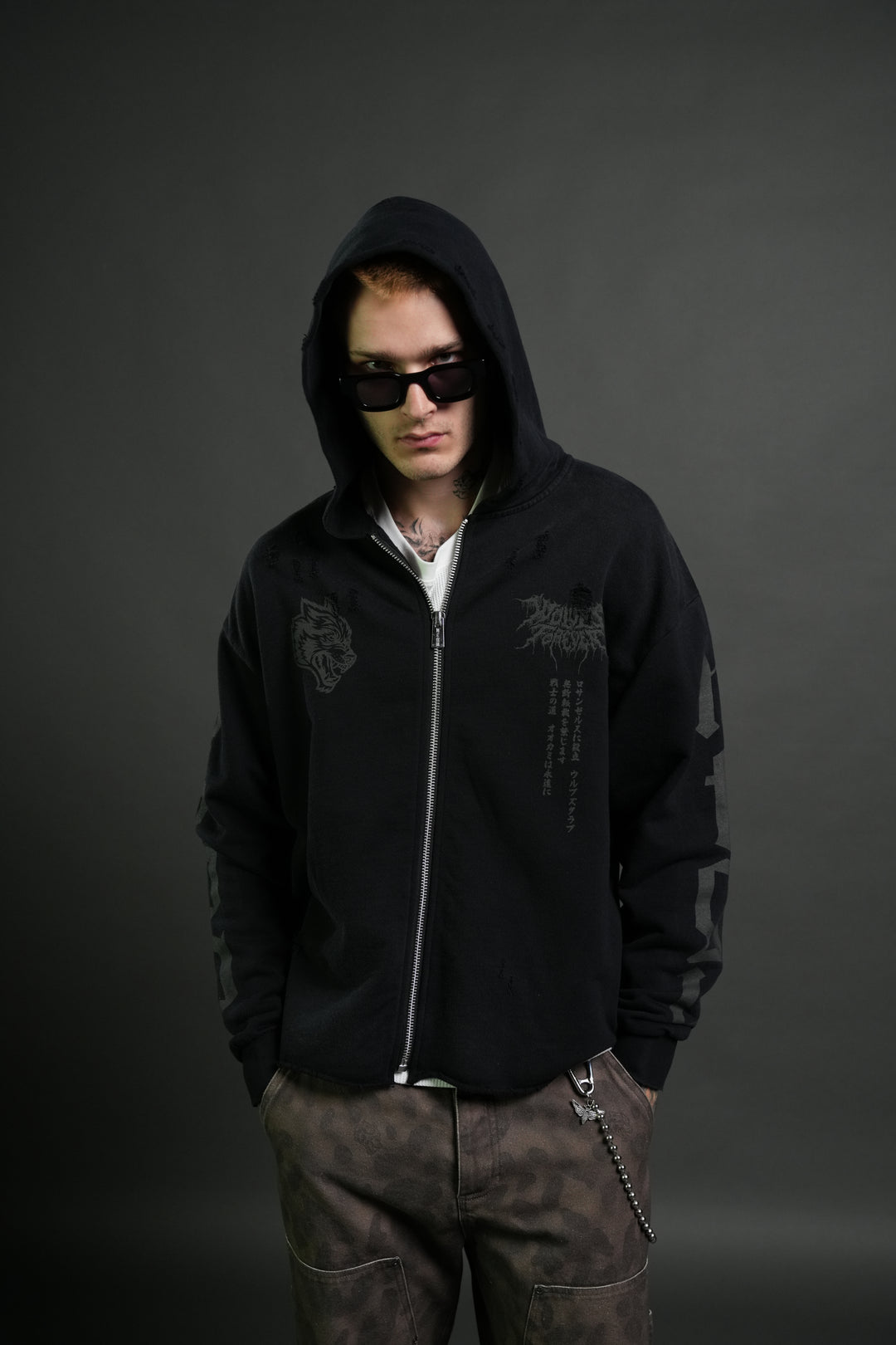 Blood Moon Distressed Grunge Mid Length Raw Hem Zip Hoodie in Black Sun Fade