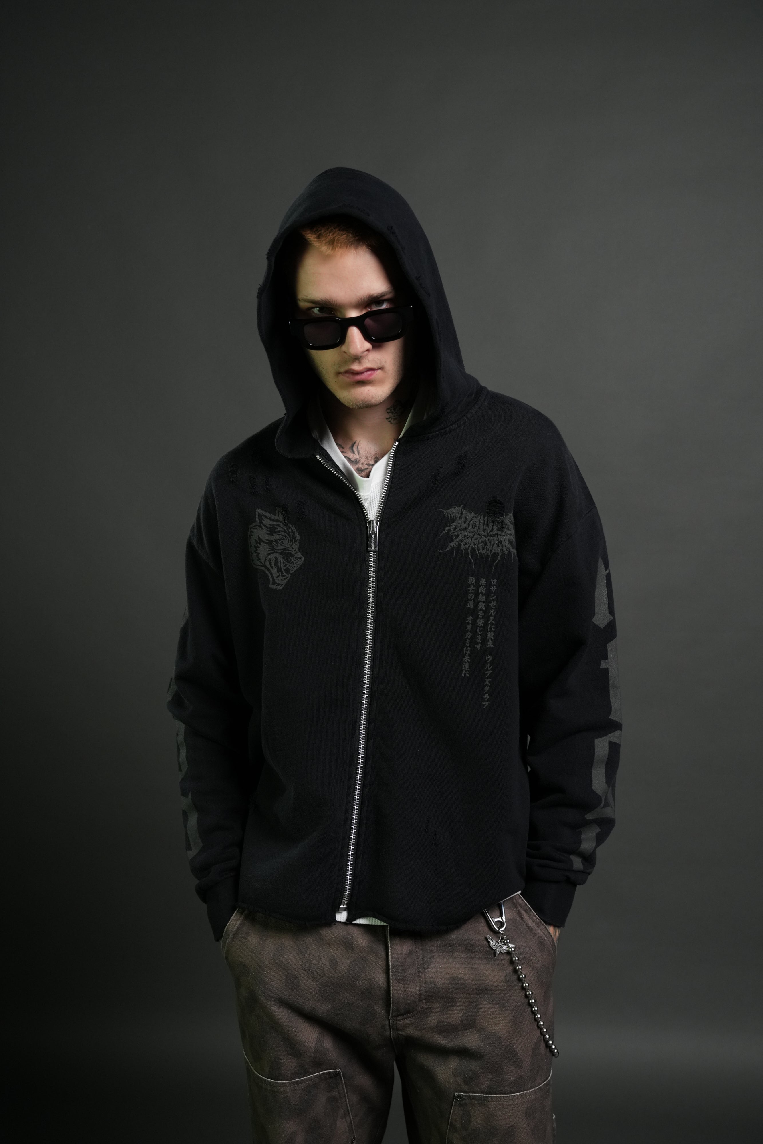 Blood Moon Distressed Grunge Mid Length Raw Hem Zip Hoodie in Black Sun Fade