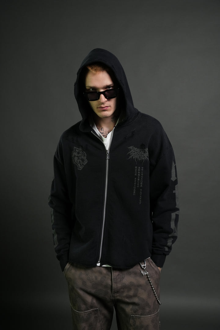 Blood Moon Distressed Grunge Mid Length Raw Hem Zip Hoodie in Black Sun Fade