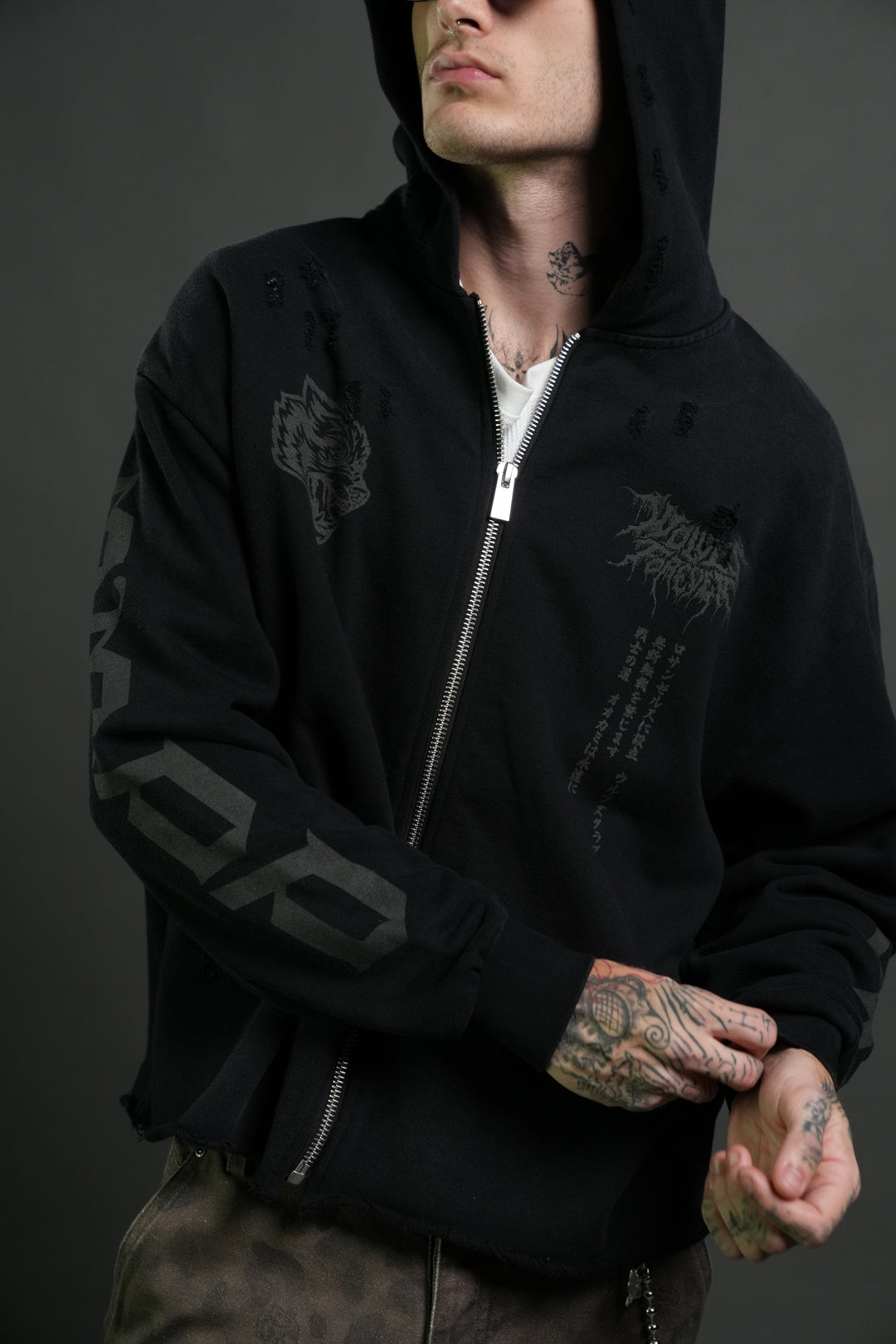 Blood Moon Distressed Grunge Mid Length Raw Hem Zip Hoodie in Black Sun Fade