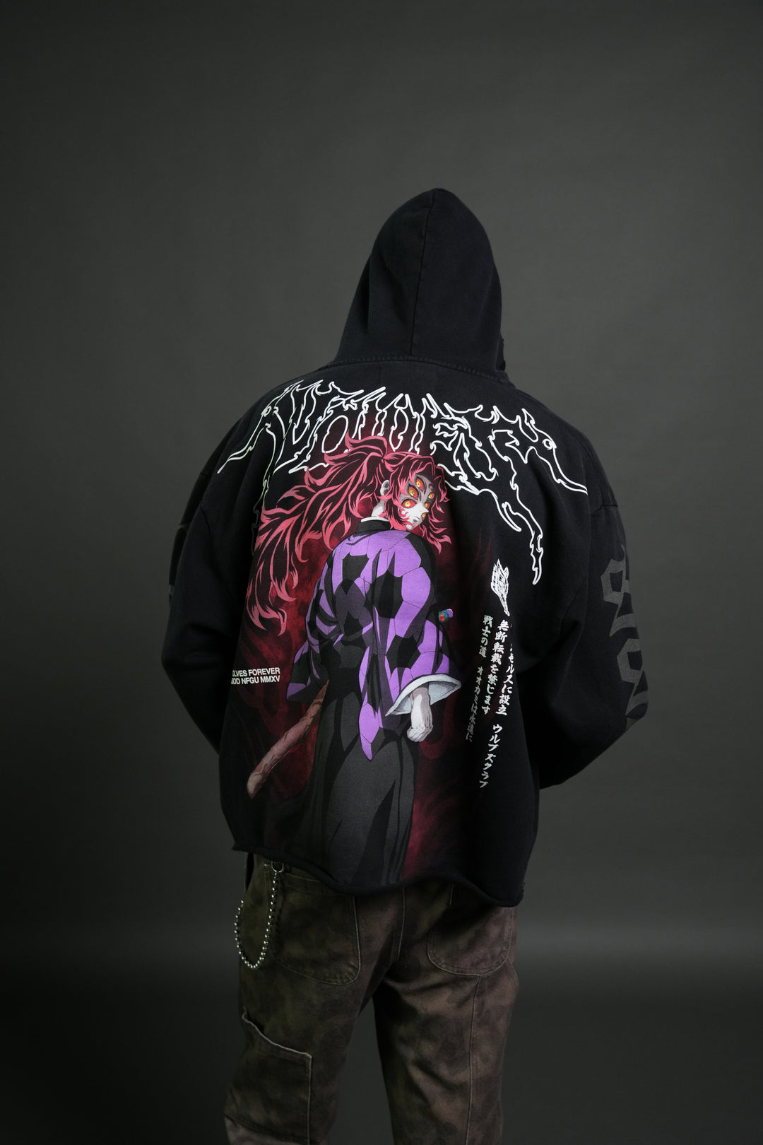 Blood Moon Distressed Grunge Mid Length Raw Hem Zip Hoodie in Black Sun Fade