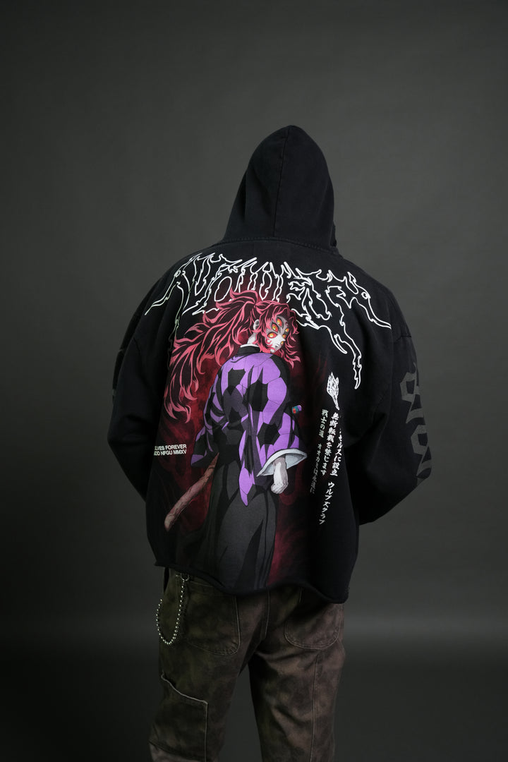 Blood Moon Distressed Grunge Mid Length Raw Hem Zip Hoodie in Black Sun Fade