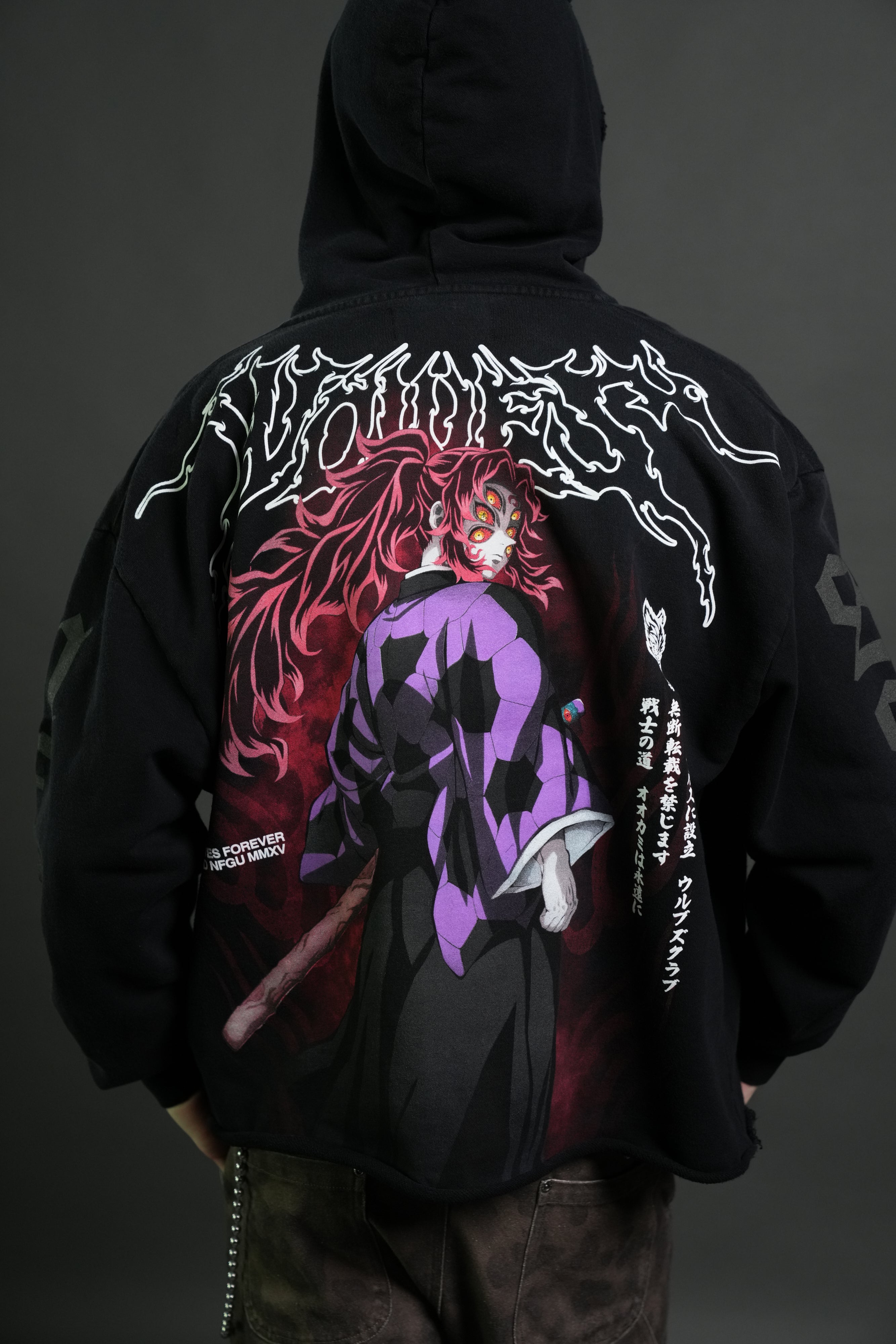 Blood Moon Distressed Grunge Mid Length Raw Hem Zip Hoodie in Black Sun Fade
