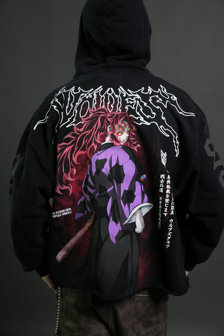 Blood Moon Distressed Grunge Mid Length Raw Hem Zip Hoodie in Black Sun Fade